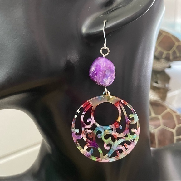 Whimsical Turtle Jewelry - 2/$29 Handmade Rainbow Acrylic Hoop & Purple Shell Earrings 3” Y2K 90s 80s